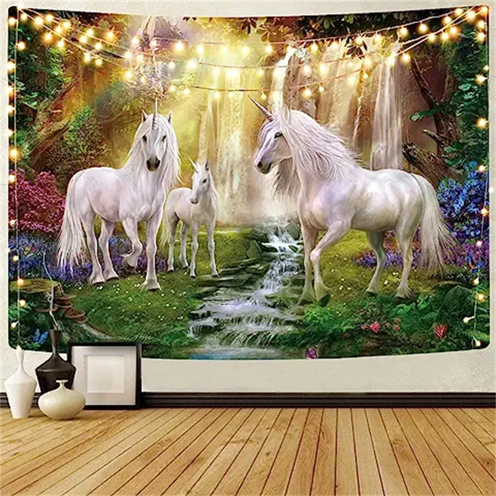

Tapestry Unicorn Fairy Tale World Wall Hanging Magical Forest Fantasy Animals Rainbow Waterfall Hanging Room Decor Living Room