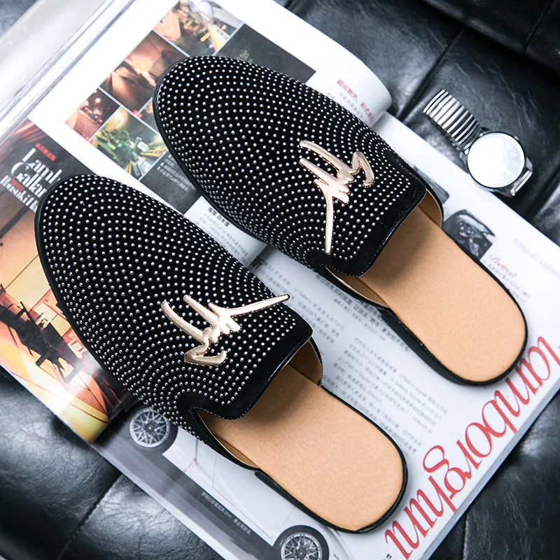 

2022Full Drill Half Slippers New Baotou Slippers Men's Casual Half Slippers Leather Shoes Sandals and Slippers Pointed Toe Shoes