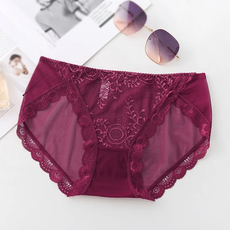 

Sexy Invisible Thin Lace Mesh Transparent Briefs For Women Mid-Rise Soft Breathable Cotton Crotch Erotic Underpants