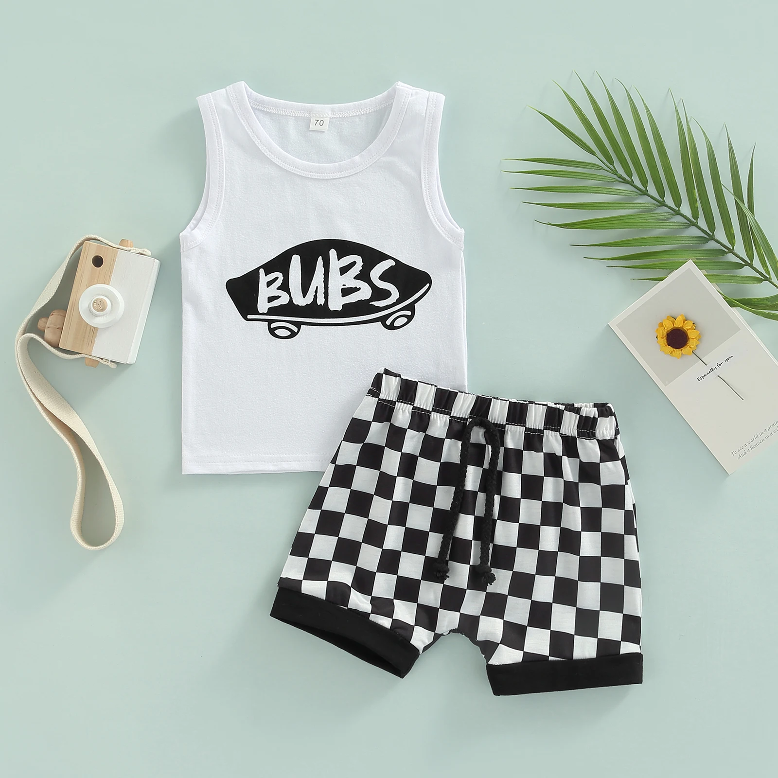 

TR New Summer Toddler Infant Boy Sleeveless Tops + Shorts Letter Plaid Print Elastic Waist Clothing Set