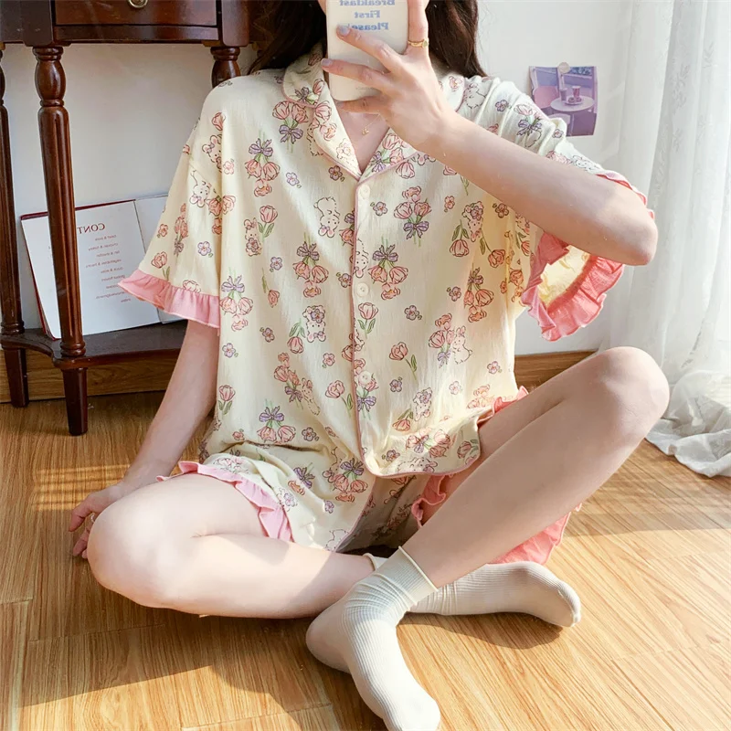 

Women's Pajamas Set Short Sleeve Shirt Cute Cartoon Print Shorts Sweet Princess Cute Pyjama Big Size Homewear Cozy Soft Pjs