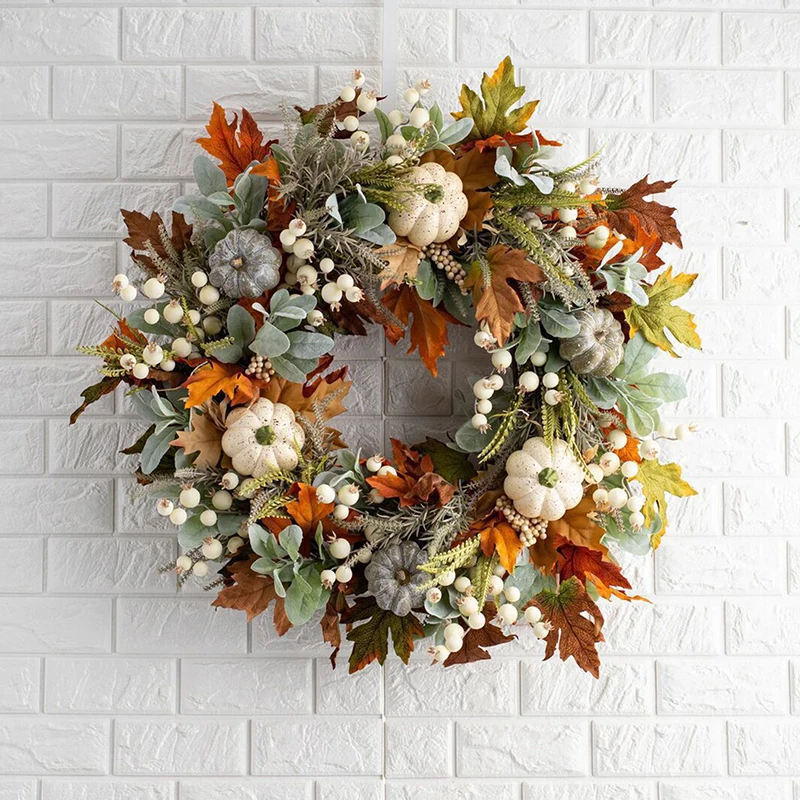 

Thanksgiving Artificial Fall Maple Leaf And Pumpkin Wreath For Front Door Home Farmhouse Decor Harvest Festival Hanging Garland