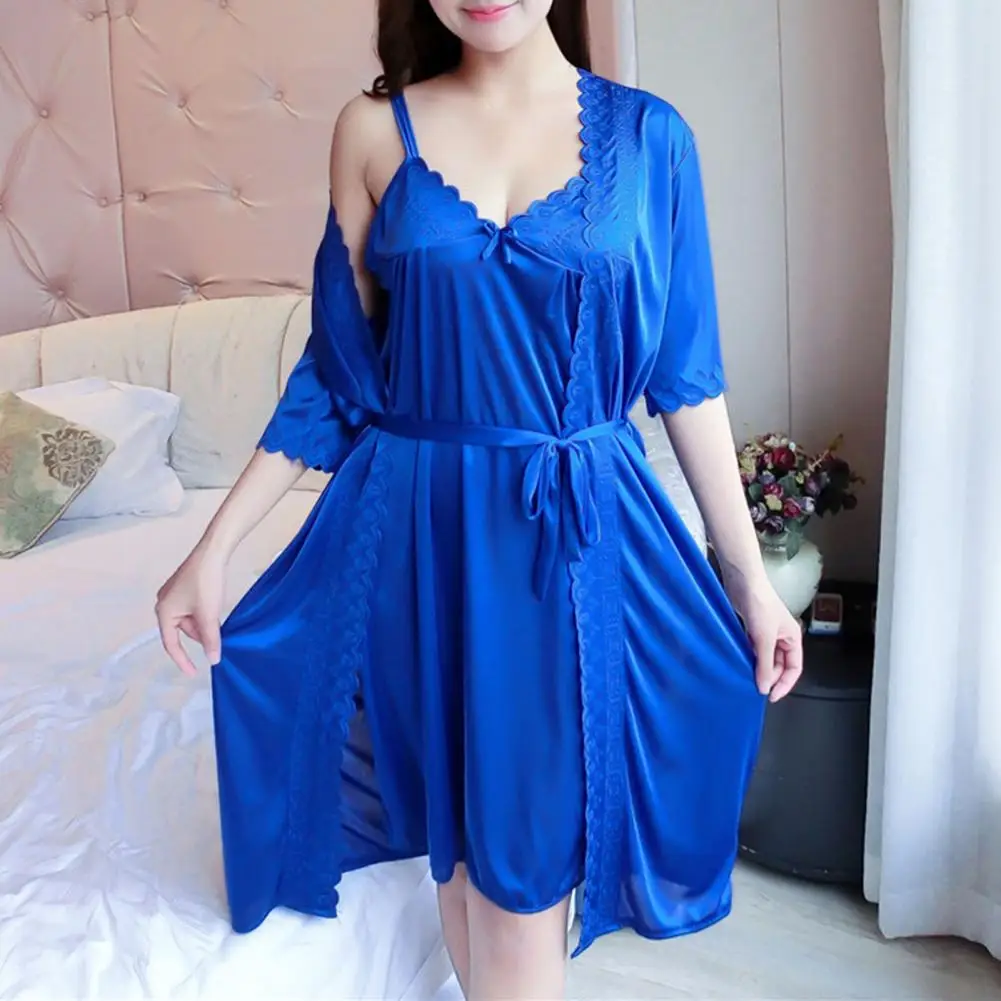 

2 Pcs/Set Women Loungewear Set V Neck Flower Edge Bow Decor Solid Color Women Summer Sleepwear Half Sleeve Bathrobe Set