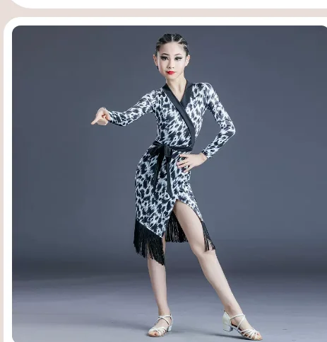 

1pcs/lot children latin dancing leopard dress girl fashion tassel cha cha tango dress