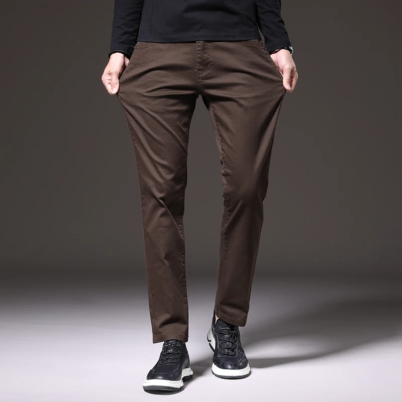 

LICHENGRUI Autumn New Men's Slim-fit Cotton Stretch Casual Pants Business Fashion High Quality Trousers Male Brand Khaki Green