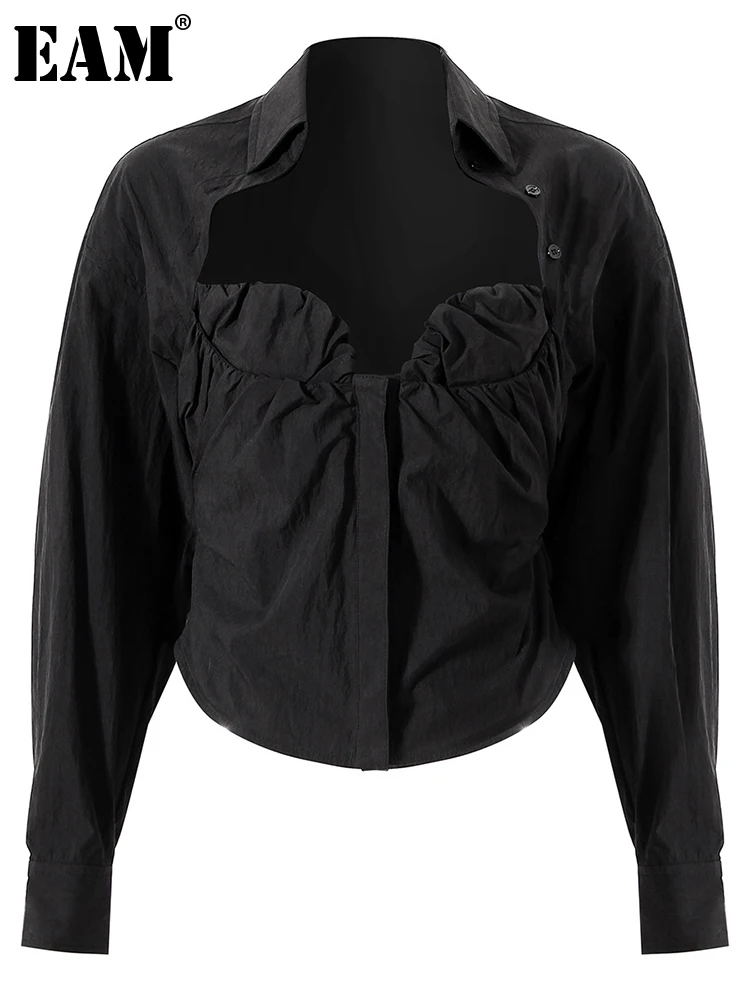 

[EAM] Women Black Pleated Elegant Blouse New Square Collar Long Sleeve Loose Fit Shirt Fashion Tide Spring Autumn 2022 1DE6214