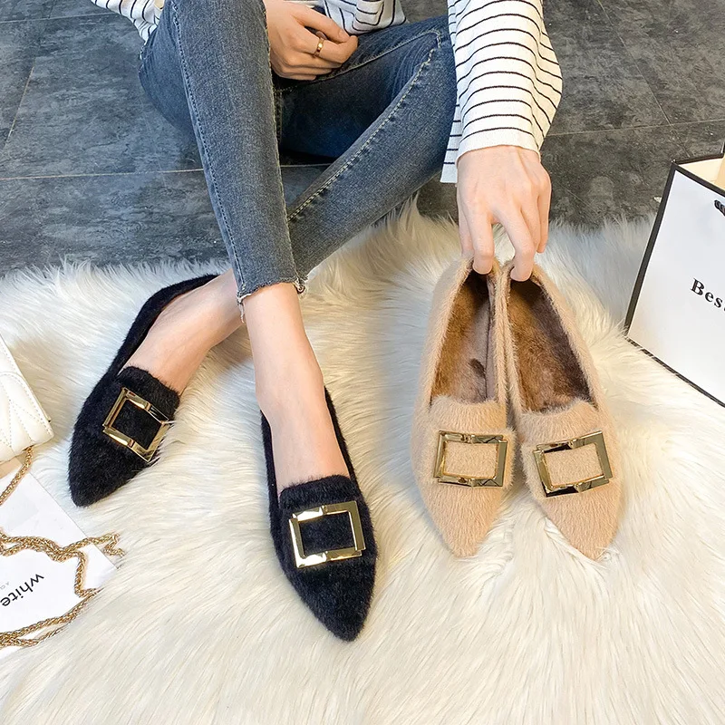 Plus Size 35- 42 43 Women Faux Fur Flats pointed toe Buckle Winter Warm Pumps Plush Lining Lady Loafers Female Shoes A88-20