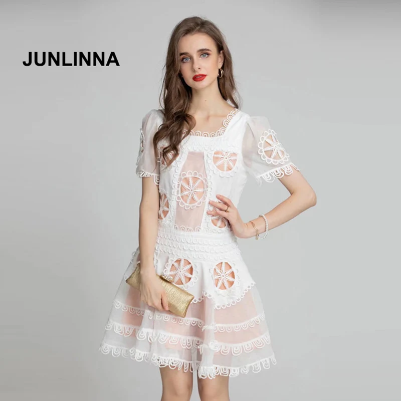 

JUNLINNA Runway Women Dress Summer New Square Neck Short Sleeve Holiday Vestidos Hollow Out Patchwork Empire Princess Wear
