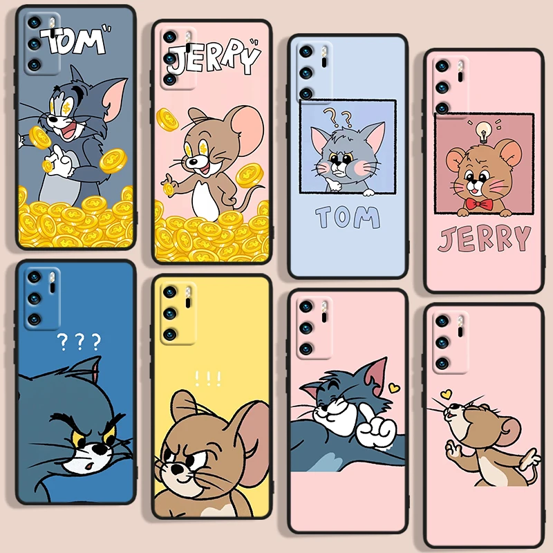 

Funny Tom Jerry Cat Mouse Phone Case For Huawei P10 P20 P30 P40 P50 Lite Pro 2019 Plus Lite E 5G Black luxury Silicone Back Soft