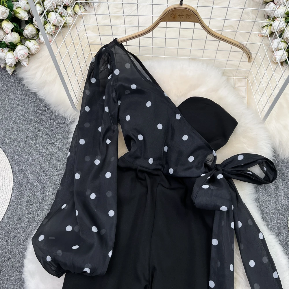 Summer Women's Retro Diagonal Collar Single Strapless Jumpsuit, Casual High Waist Skinny Straight Wide Leg Pants Jumpsuit