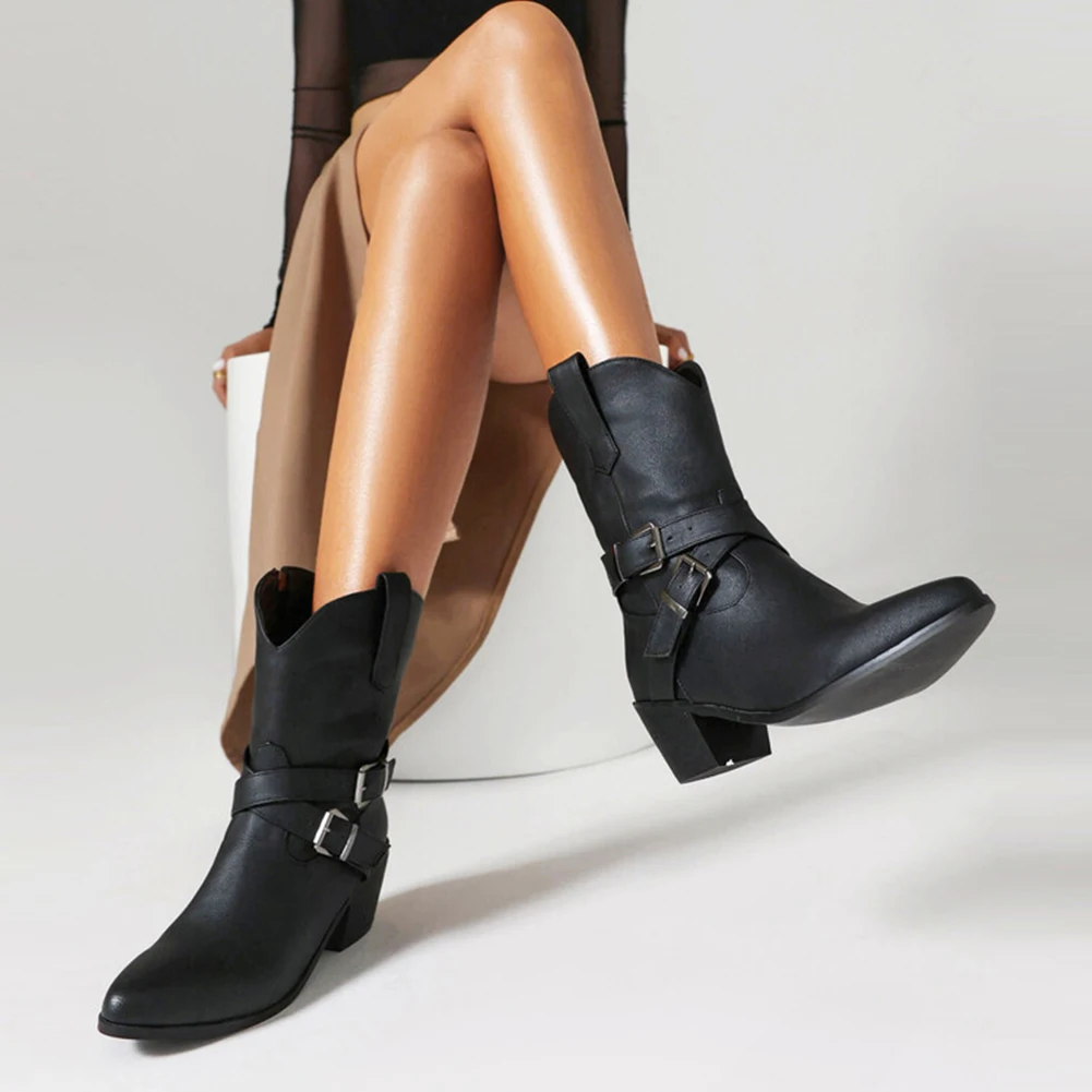 

RIBETRINI High Heeled Ankle Boots For Women Western Pointed Toed Zip Buckle Cowgirls New Fashion Autumn Winter Lady Booties