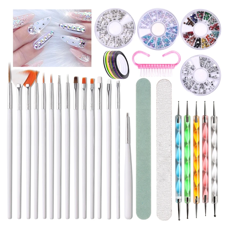 

Q1QD Nail Art Tools Set with Nail Painting Brushes Nail Dotting Pen Nail Striping Tape Rhinestones Nail Art Supplies