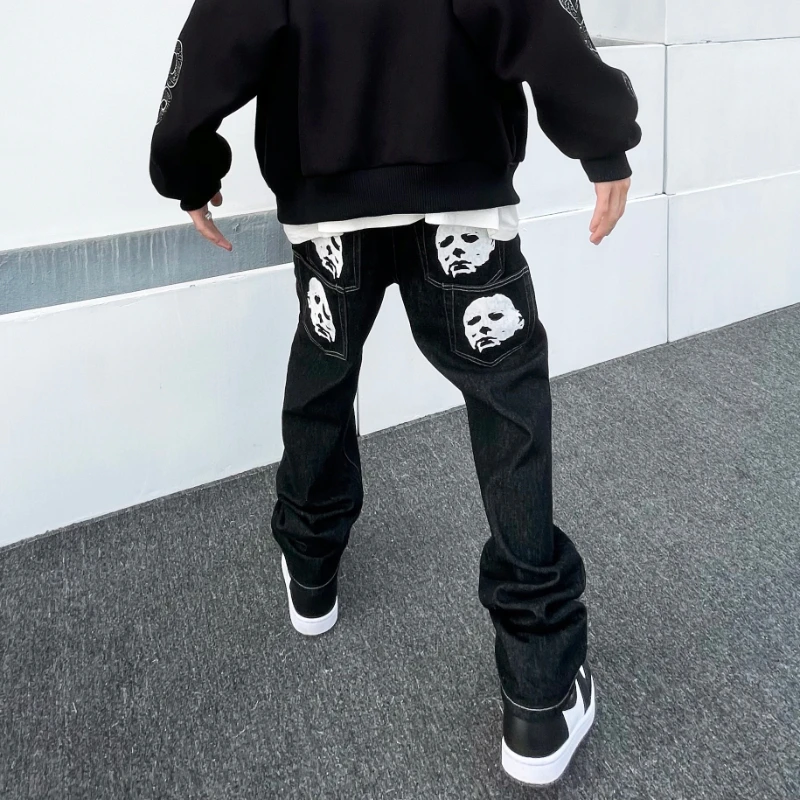 Spoof Portrait Print Denim Pants Mens High Street Jeans Funny Loose Straight Leg Pants Couple Street Casual Loose Pants