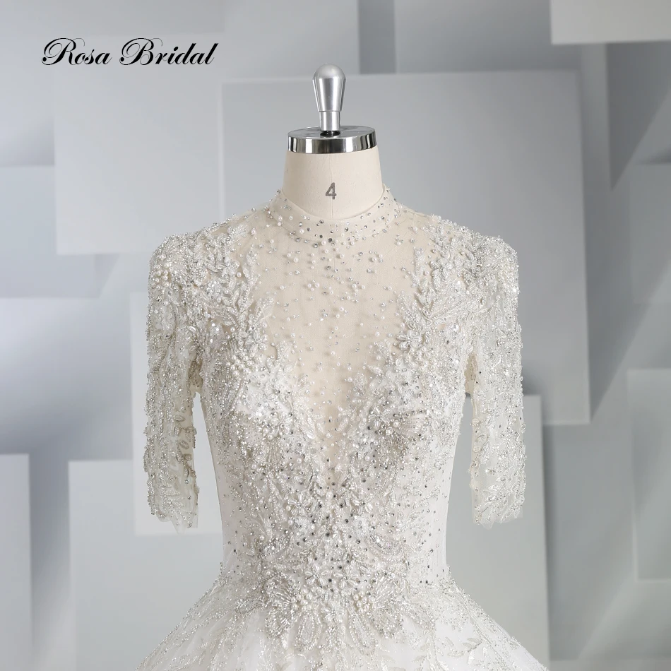 Кружевное блестящее свадебное платье высокого качества с полурукавами из бисера