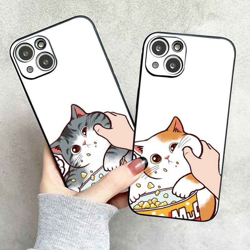 

Cartoon Cute Pinch Face Cat Phone Case For Funda iPhone 11 12 13 Pro Max Mini X XR XS SE 2020 6 7 8 Plus Etui Black