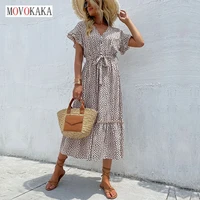 movokaka summer women sexy leopard printed long dress casual beach party elegant butterfly sleeve vestidos v neck button dresses
