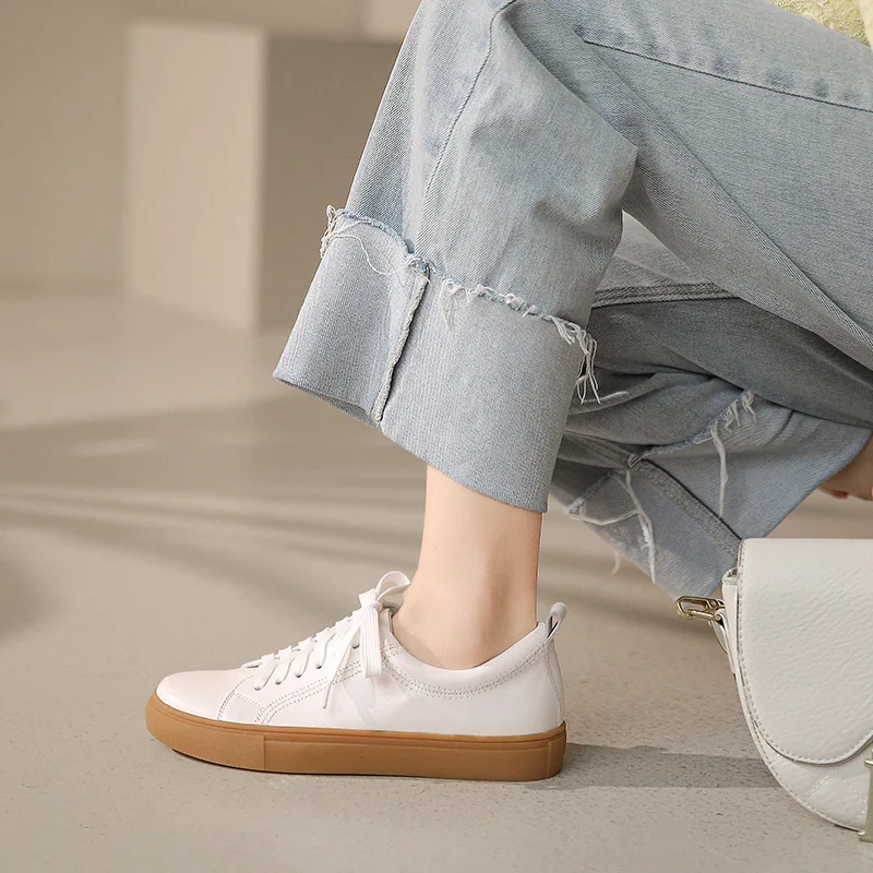 

Beige Cow Women Leather Woman Loafers Lace-Up Comfortable Flat Shoes Round Toe Casual Footwear for Driving Ladies Flats