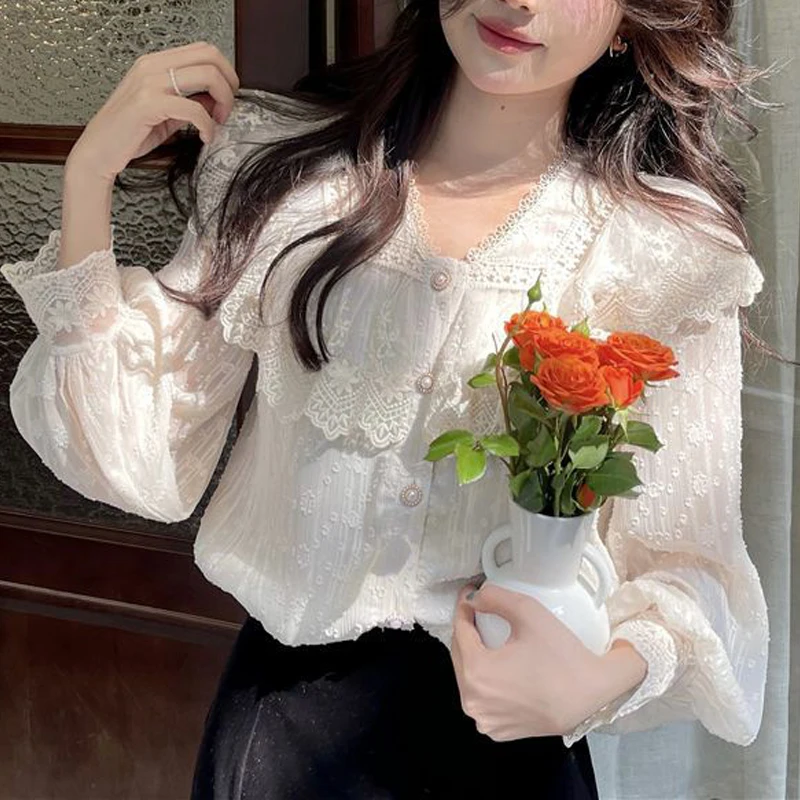 Женская модная Милая Кружевная рубашка на пуговицах женская элегантная белая