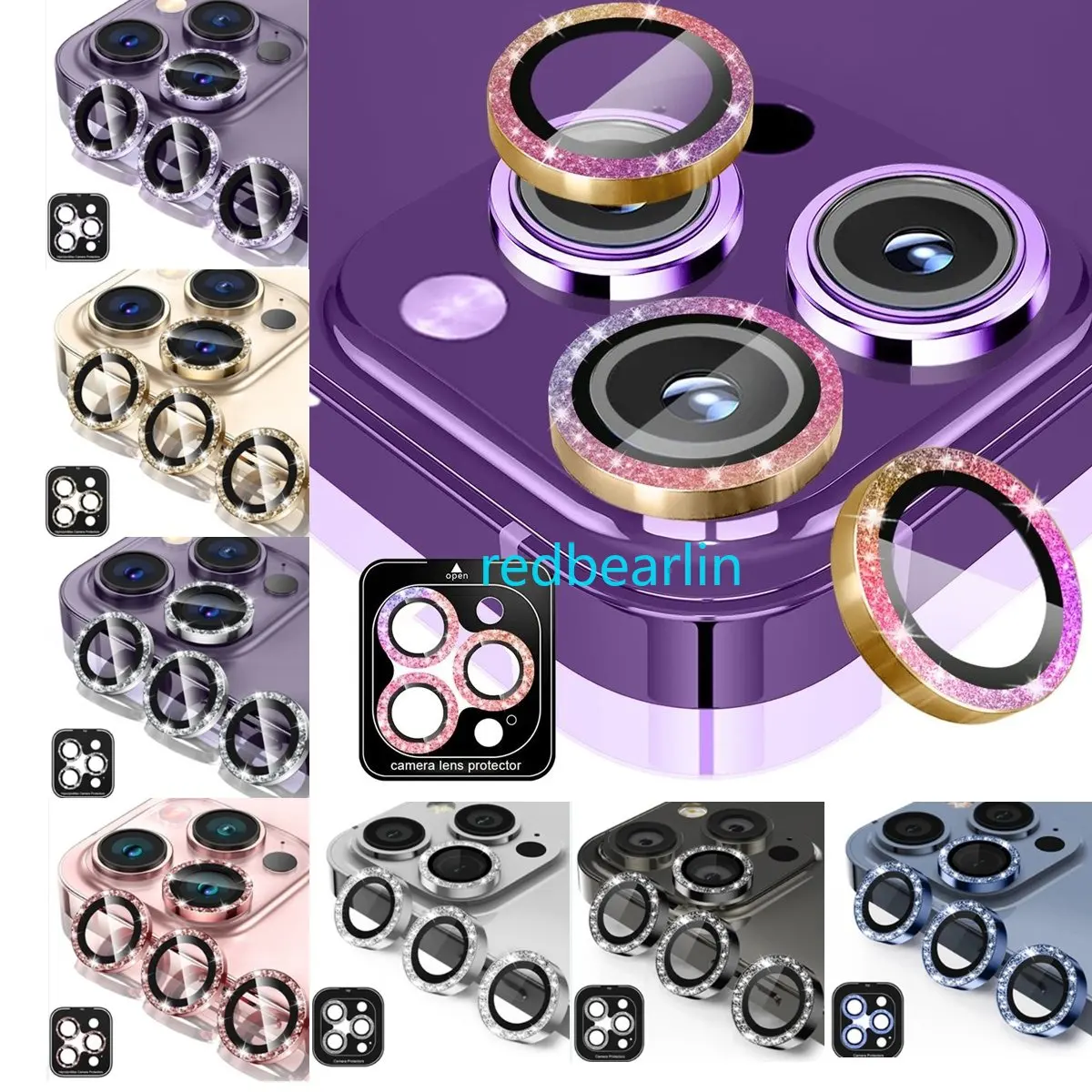 100pcs Glitter Diamond Lens Cover On For Iphone 12 13 14 Pro max 11 Pro Camera Screen Protector Metal Lens Ring Sticker Cap