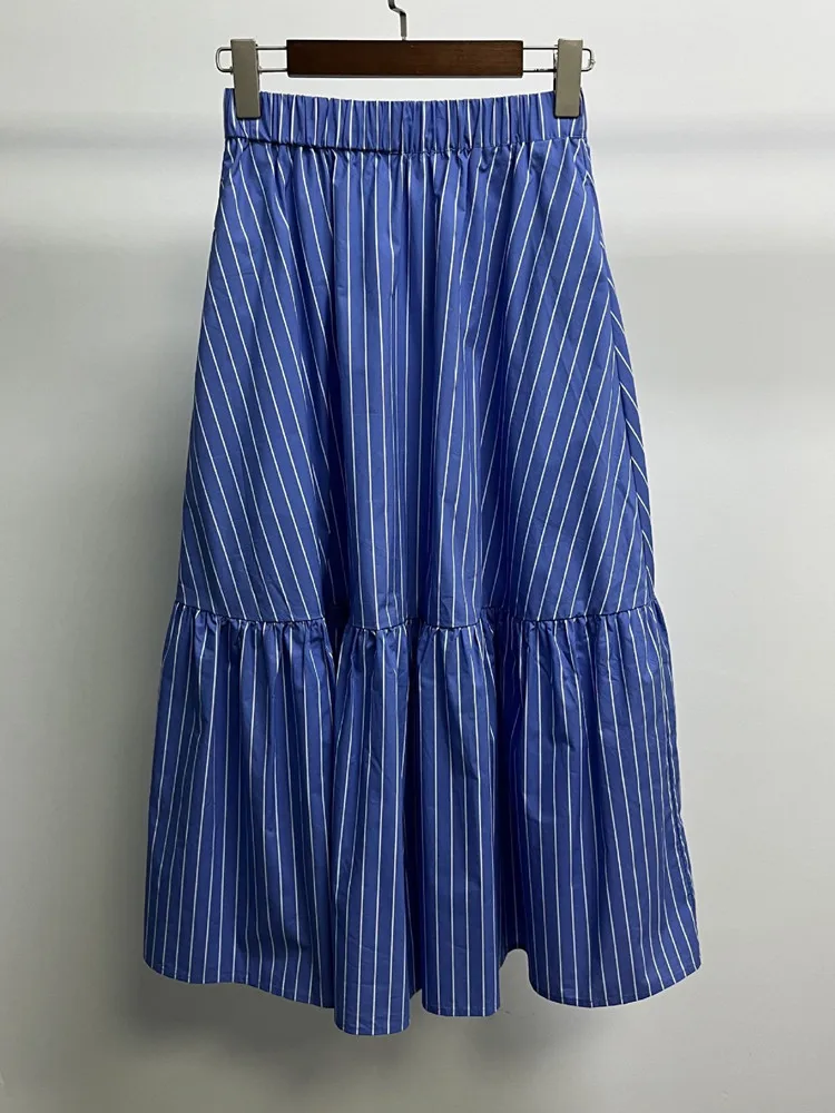 

Женская Юбка-миди из 100% хлопка, повседневная трапециевидная юбка в синюю полоску с поясом на резинке для ранней осени 2023