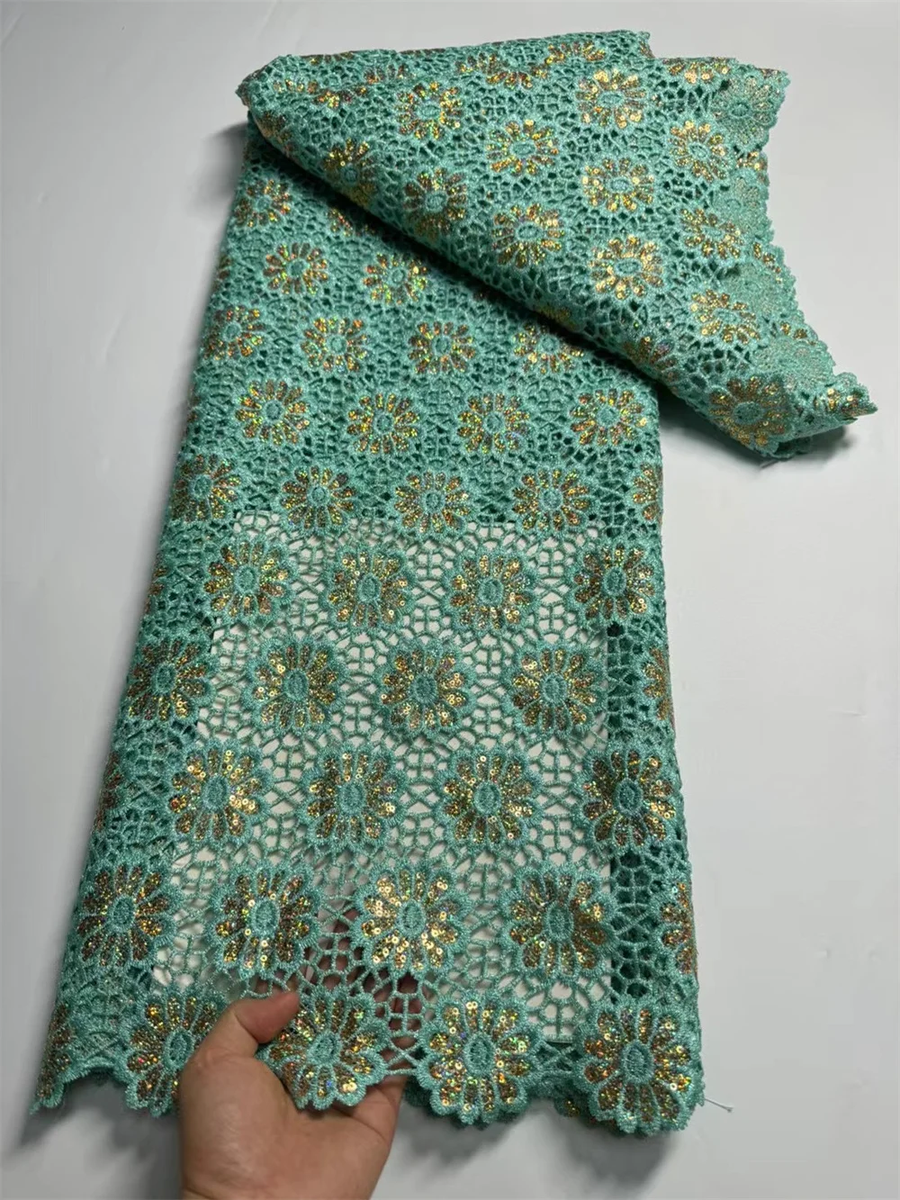 Зеленый гипюр кружевная ткань 2024 новейшая африканская вышивка с блестками для
