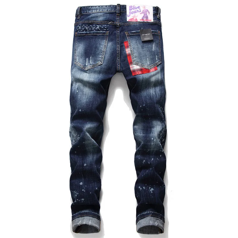Classic new Dsquared2 tattered splash paint men's self-cultivation hole patch elastic D2 jeans skinny beggar pants 1055