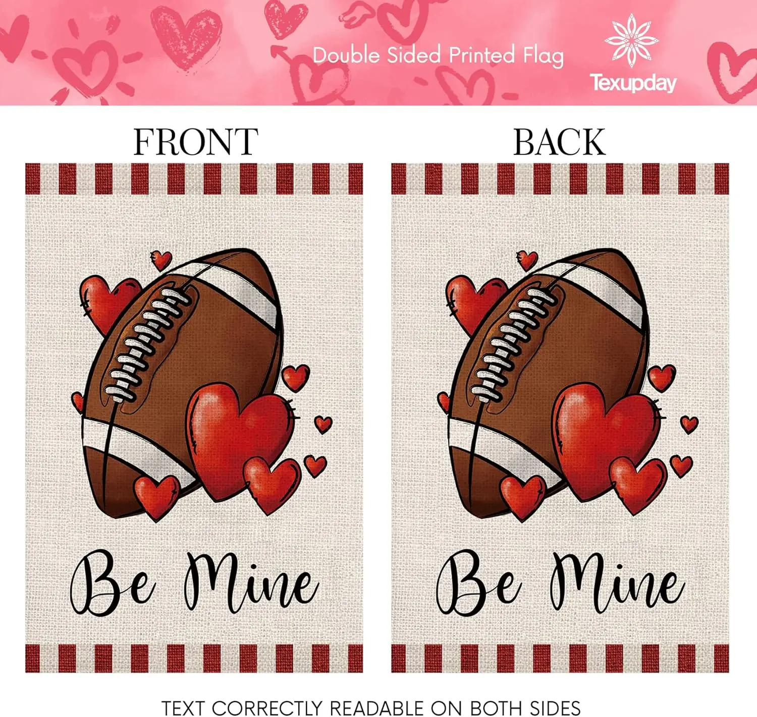 Фото Флаг Texupday Be Mine Football Love Heart Decoration для Дня святого Валентина, двусторонний, вертикальный, из мешковины, для сада, в деревенском стиле, XXE PPM №4