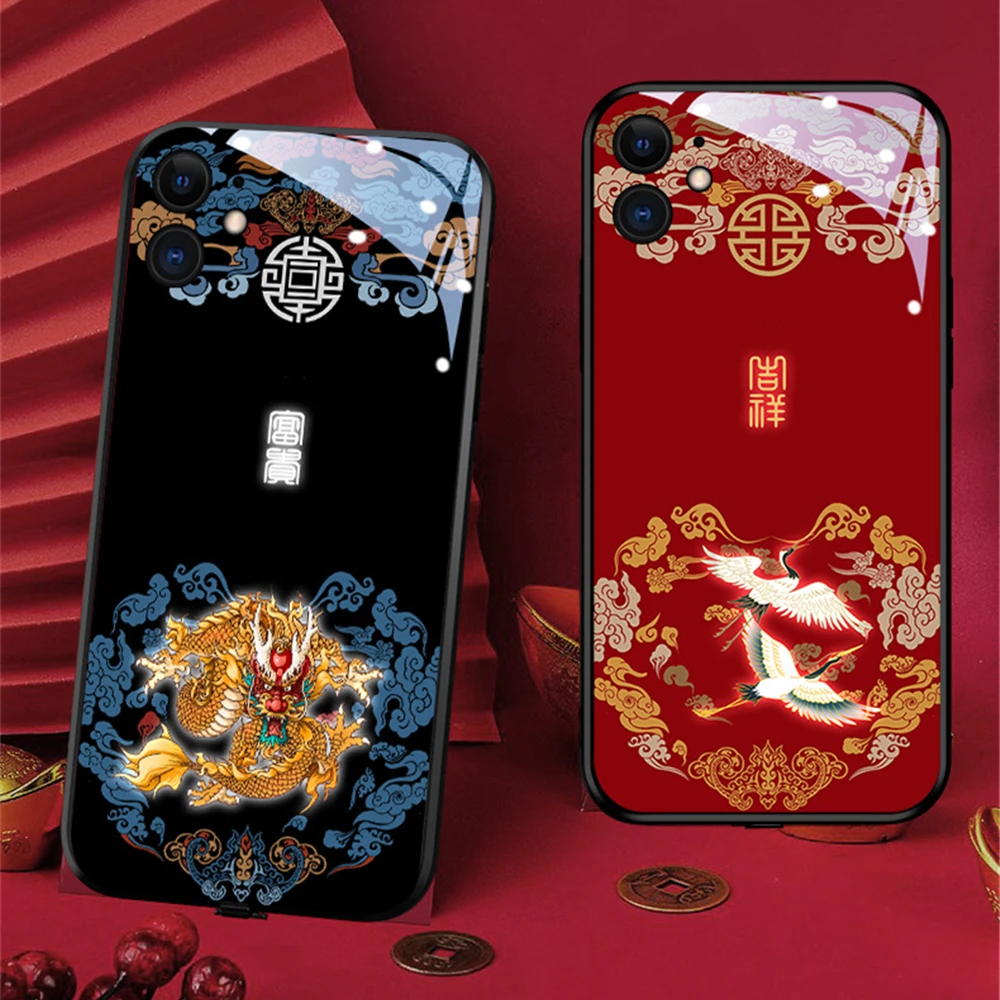 

Fashion Chinese Style Good Luck Glass Hard LED Phone Case For iPhone 13 12 11 Pro Max Crane Dragon Totem Animal Back Cover Coque