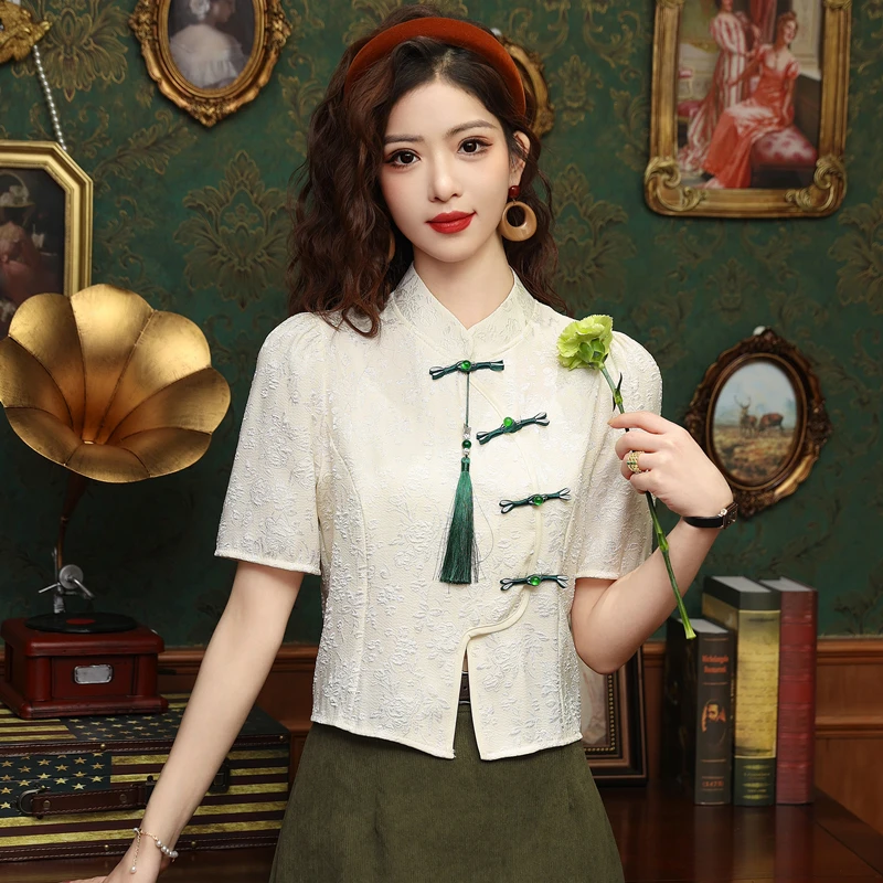 Новая летняя женская рубашка с коротким рукавом и воротником-стойкой шифоновая