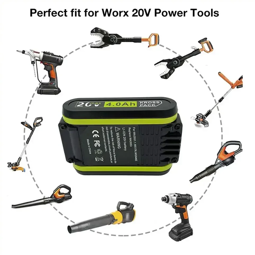 Литиевая батарея 20 В 4000 мАч подходит для Worx WA3551 WA3553 WX390 WX176 WX178 WX386 WX678