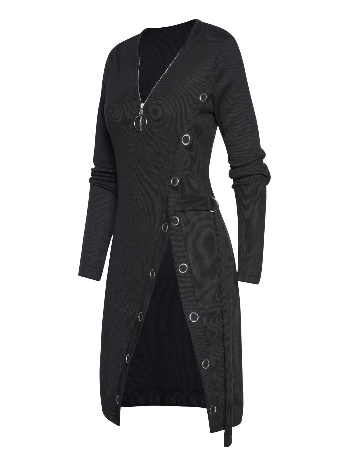 

Women Knitwear Casual Black Textured O Ring Zipper Plain Color Mock Button Self Belted Full Sleeve Longline Knit Top