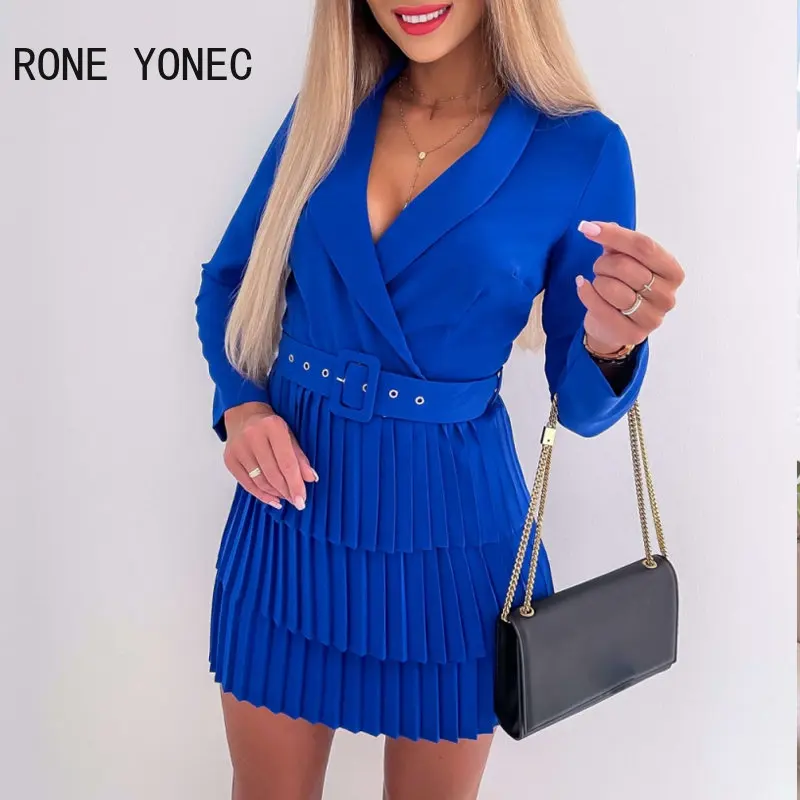 

Женские Элегантные однотонные плиссированные деловые мини-платья а-силуэта с отложным воротником и длинными рукавами и поясом