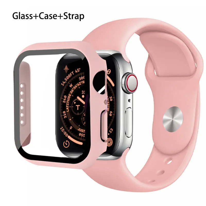 Glass+Case+Strap For Apple Watch band 44mm 40mm 45mm 41mm 38mm 42mm 44 mm Silicone watchband bracelet iWatch serie 3 4 5 6 se 78