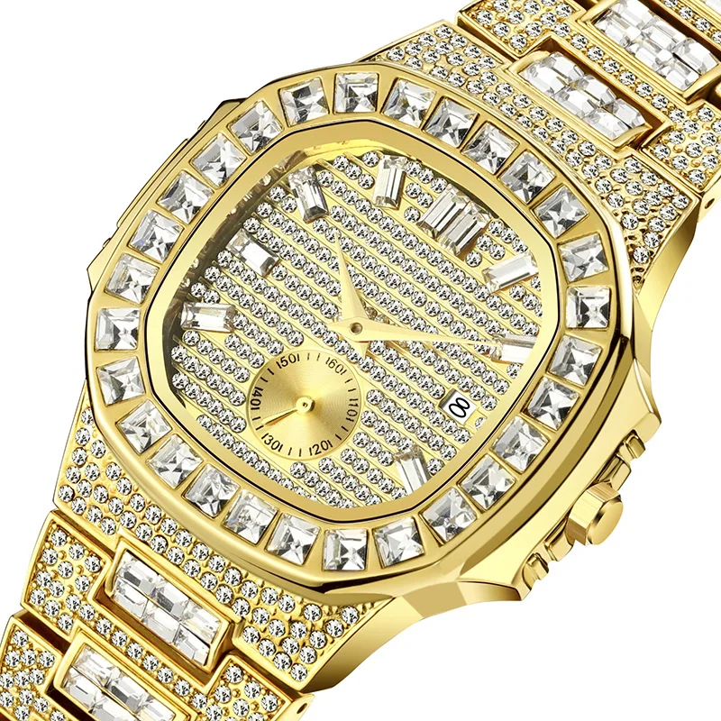 

Luxury Date Quartz Hip Hop Mens Watches Wrist Waterproof Wristwatch CZ Stone Paved Stainless Steel Watch for Men Charm Jewelry