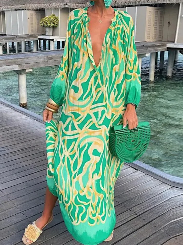 

Женское свободное пляжное платье с принтом в стиле бохо, элегантное платье макси в стиле Харадзюку в стиле ретро с V-образным вырезом, женское сексуальное платье большого размера с длинным рукавом, платье 2022