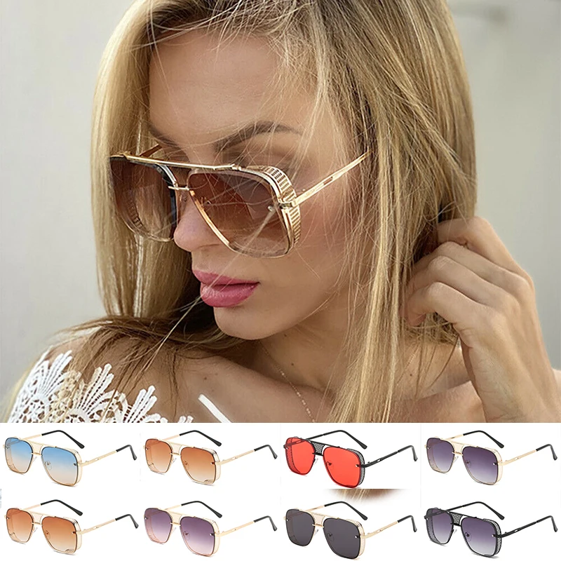 

2022 Fashion Sunglasses Women Vintage Square Glasses Big Frame Oversized Metal Bar UV400 Classic Steampunk Sun Glasses Female