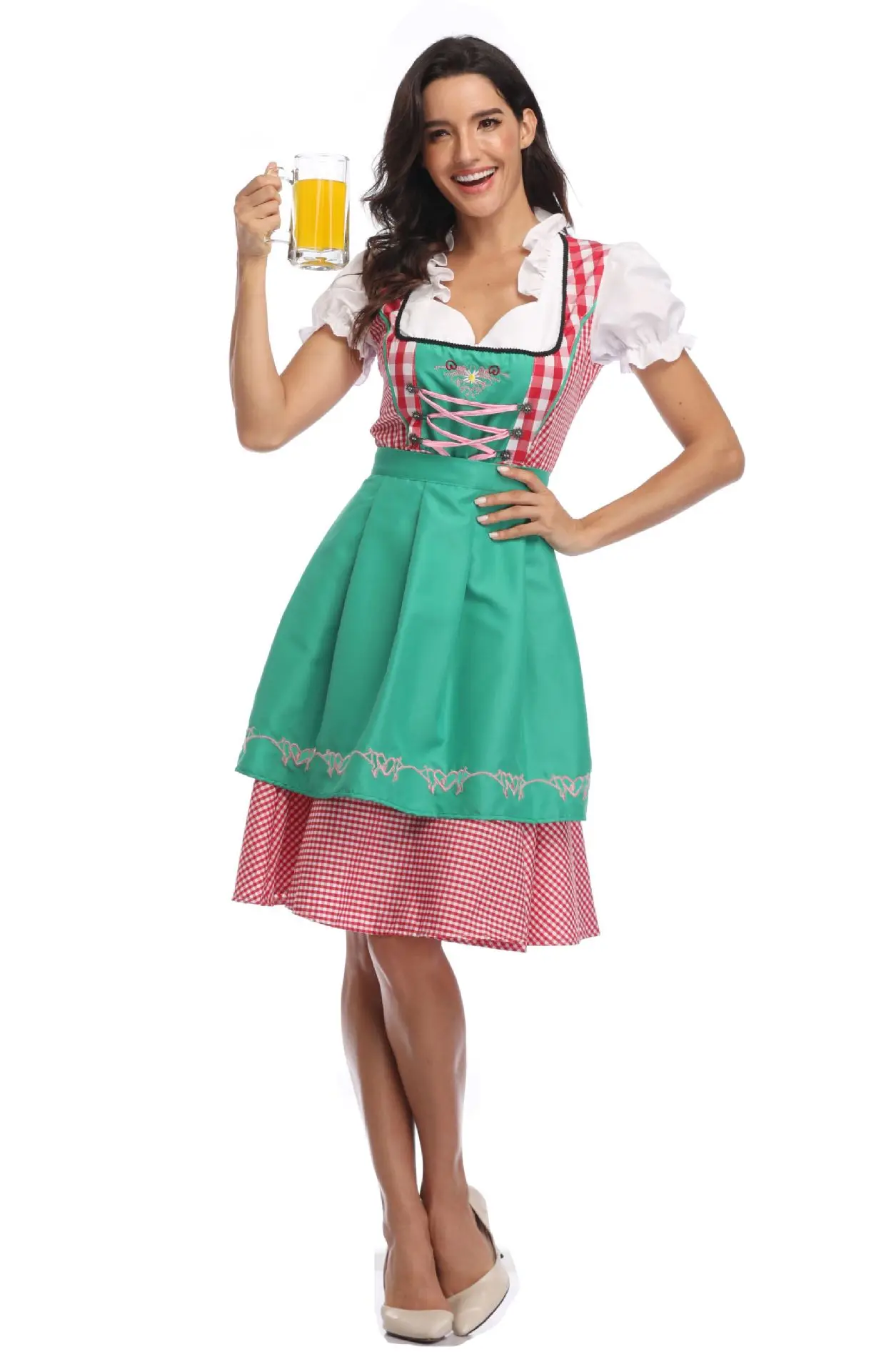 Classic Lady Oktoberfest Costume Bavarian Dirndl Apron Short Sleeve Plaid Dress Cosplay Outfit Halloween Fancy Party Dress images - 6
