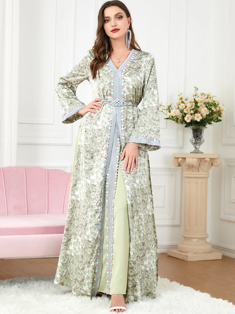 Abayas For Women Muslim Sets Floral Embroidery Guipure Lace Panel Belted Kaftan Split Hem Two Pieces Dress Dubai Turkey Arabic