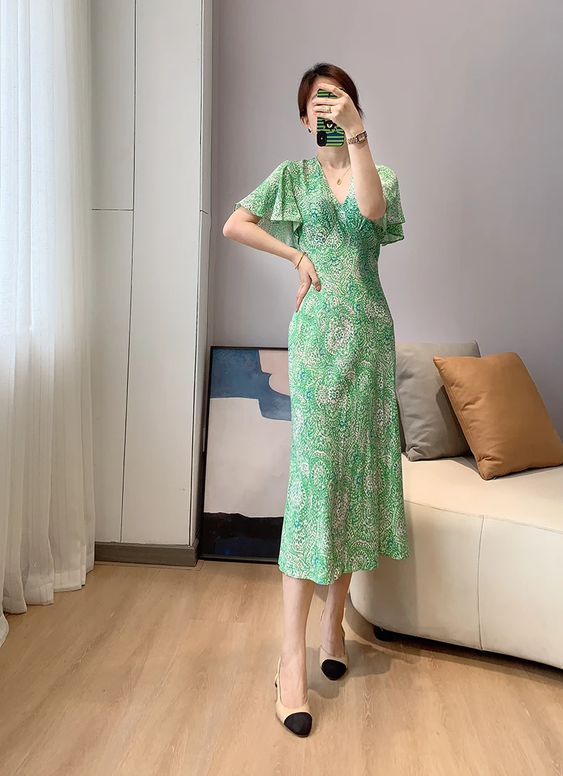 Flare Sleeves V Neck Printed Green Midi Dress US 2-10