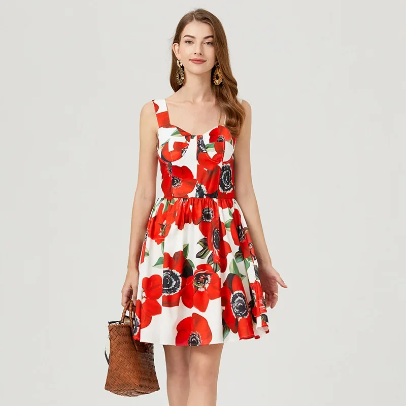 Платье-майка без бретелек с высокой талией и 3D принтом женское укороченное