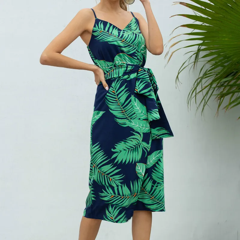 

Summer Dresses Leopard Print Dress Women Sexy V-Neck Sleeveless Split Vestidos Holiday Vacation Boho Beach Female Sashes Robe