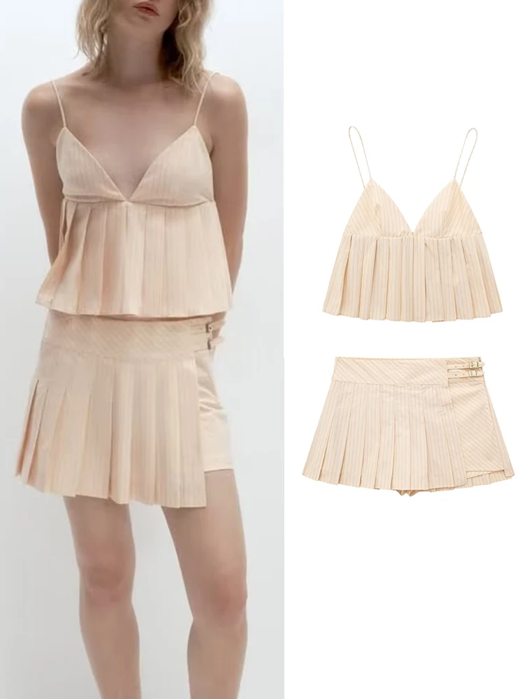 

Women's Shorts Sets 2023 Fashion Striped Slip Top Summer Women Suit Wide Pleated Shorts Two Pieces Set Womens Outfits