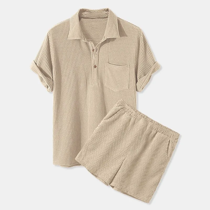 

2023 Summer Men's Casual Loose Plaid Short Sleeve Shirt Set 2pcs Solid Polyester Spring and Autumn Roll Collar Clothing