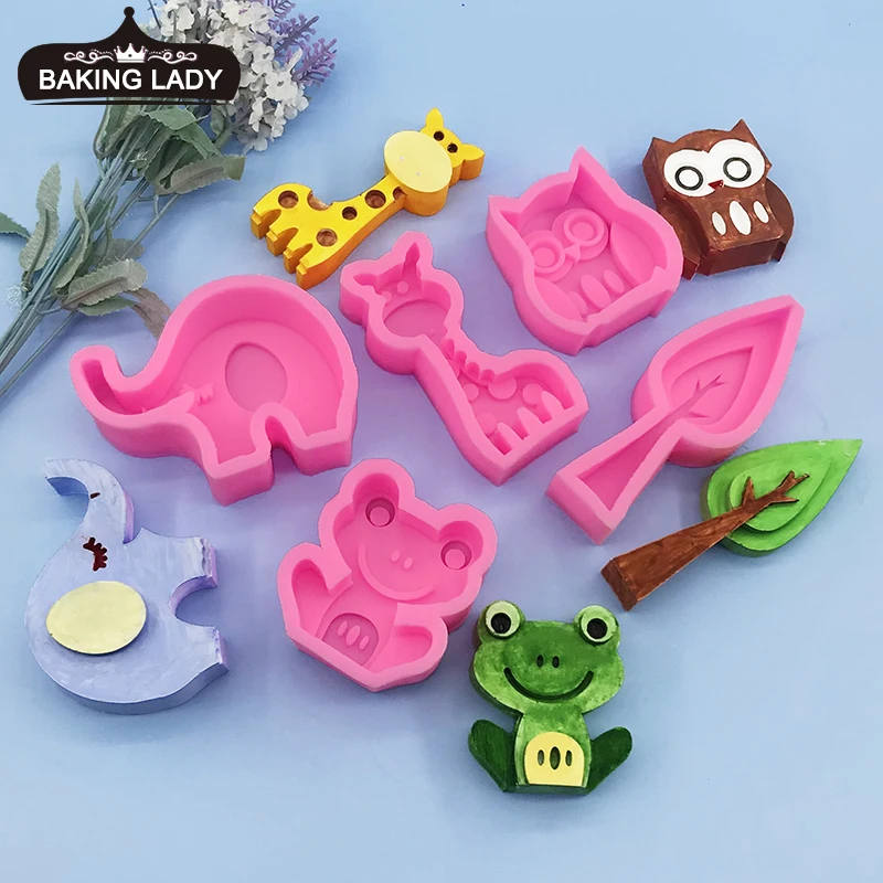 

Cartoon animals and plants tree owl giraffe elephant small frog silicone mold fondant cake baking mold DIY plaster candle mold