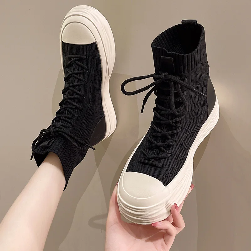 

Elastic Socks Boots Autumn Breathable 2022 New Fashion Thick Bottoms Low Heel Flats Ankle Boots For Women Shoes