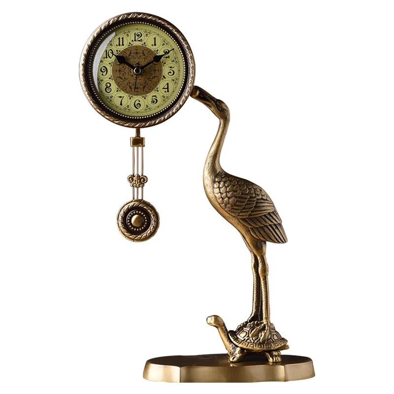 

Creative European-Style Copper Turtle Crane Clock Living Room Bedroom Retro Mute Desk Clock
