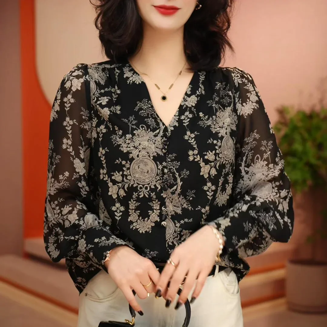 Лето 2023 модная утягивающая элегантная шифоновая женская блузка с принтом легкий