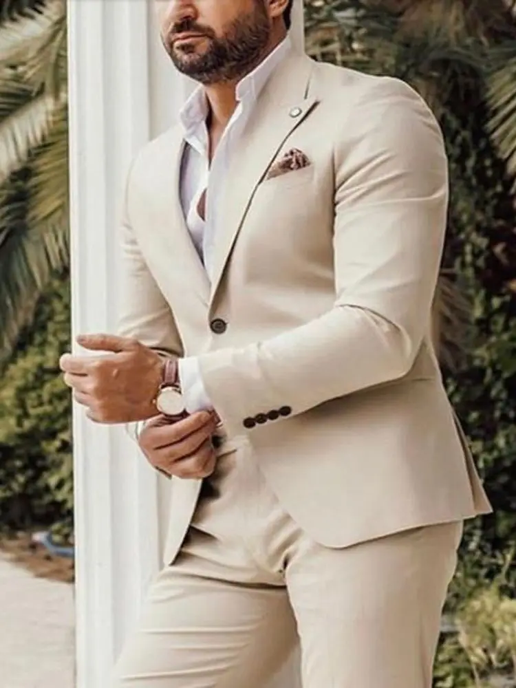 

Свадебные смокинги бежевого цвета, одежда для жениха, Блейзер, деловые мужские костюмы, новейший дизайн, 2 предмета, блейзер, мужская куртка, брюки, мужской костюм