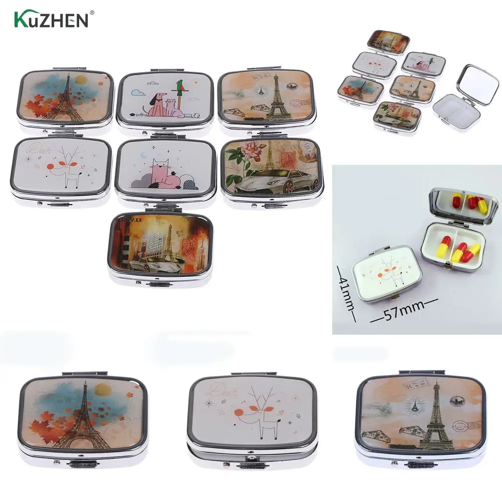 

Портативный металлический квадратный Органайзер с цветочным принтом, милый отсек, чехол для таблеток, контейнер для таблеток, коробка для л...