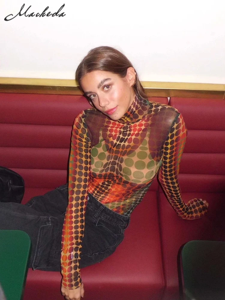 

Женская сетчатая Прозрачная Футболка с длинным рукавом Macheda, 2023, весенне-летний Повседневный Топ в горошек, уличная водолазка y2k